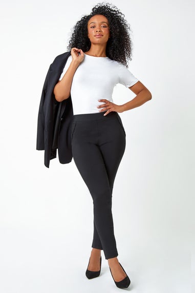 Roman Petite Black Mock Pocket Stretch Trouser