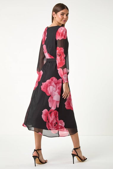 Roman Pink Floral Chiffon Tie Midi Dress