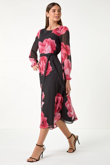 Roman Pink Floral Chiffon Tie Midi Dress