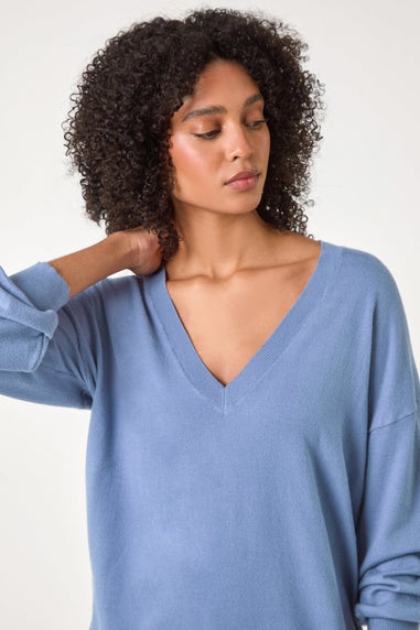 Roman Denim Plain V-Neck Stretch Longline Jumper