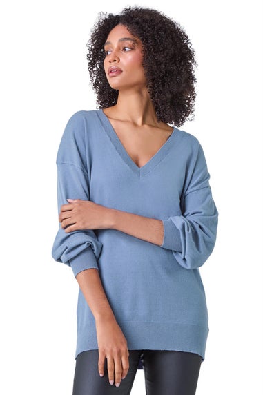 Roman Denim Plain V-Neck Stretch Longline Jumper