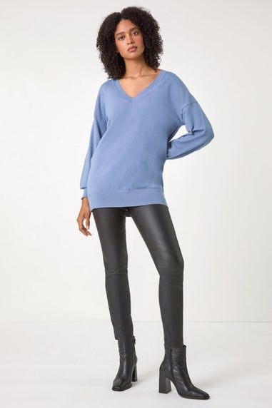 Roman Denim Plain V-Neck Stretch Longline Jumper