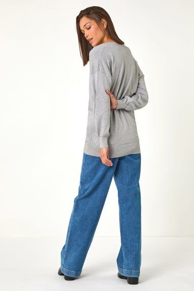 Roman Grey Plain V-Neck Stretch Longline Jumper