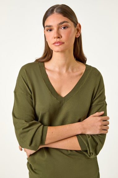 Roman Khaki Plain V-Neck Stretch Longline Jumper