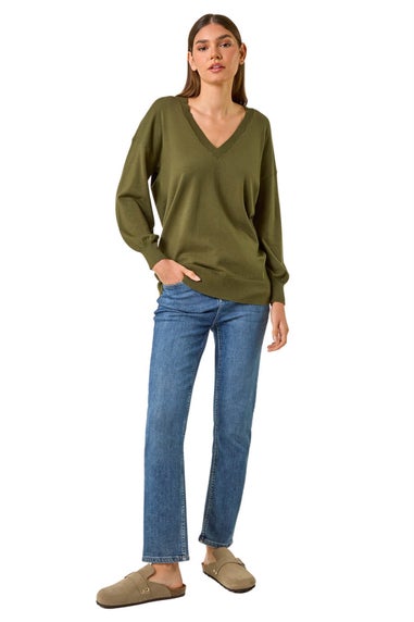 Roman Khaki Plain V-Neck Stretch Longline Jumper