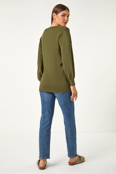 Roman Khaki Plain V-Neck Stretch Longline Jumper