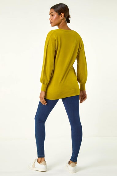 Roman Lime Plain V-Neck Stretch Longline Jumper