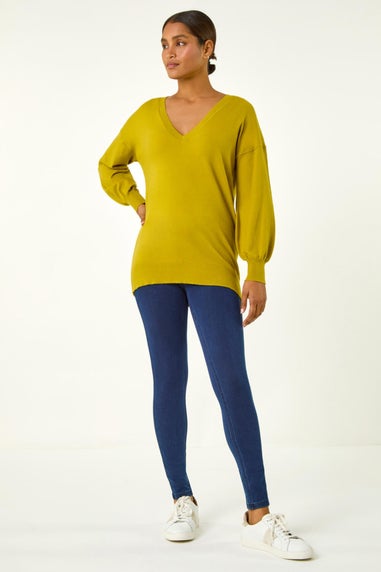 Roman Lime Plain V-Neck Stretch Longline Jumper