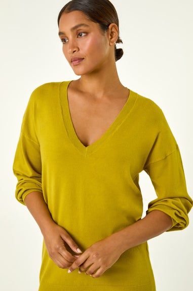 Roman Lime Plain V-Neck Stretch Longline Jumper