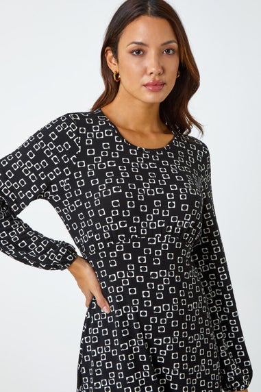 Roman Black Square Print Gathered Stretch Dress