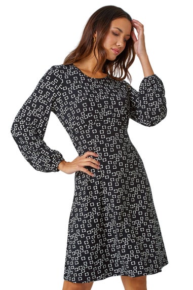 Roman Black Square Print Gathered Stretch Dress