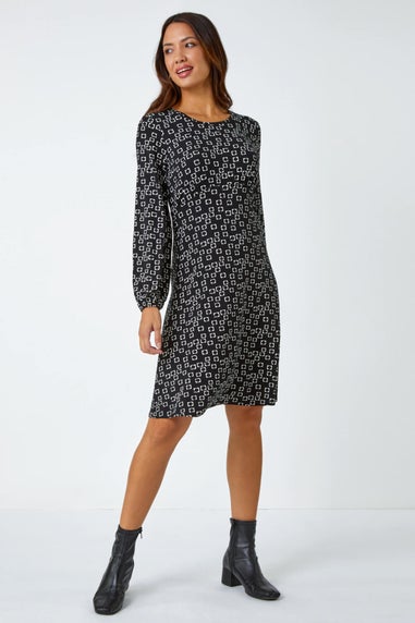 Roman Black Square Print Gathered Stretch Dress