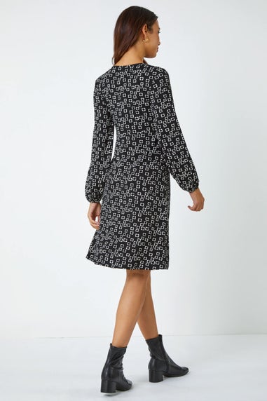 Roman Black Square Print Gathered Stretch Dress