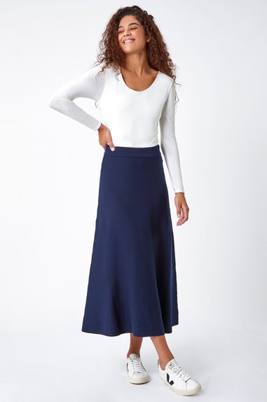 Roman Blue Plain Elastic Waist Knitted A Line Midi Skirt