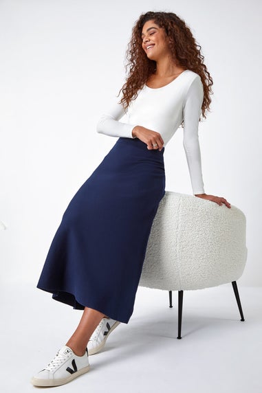 Roman Blue Plain Elastic Waist Knitted A Line Midi Skirt