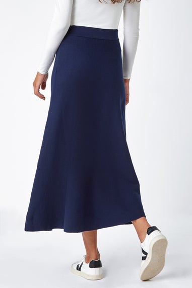 Roman Blue Plain Elastic Waist Knitted A Line Midi Skirt