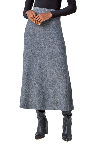 Roman Grey Plain Elastic Waist Knitted A Line Midi Skirt