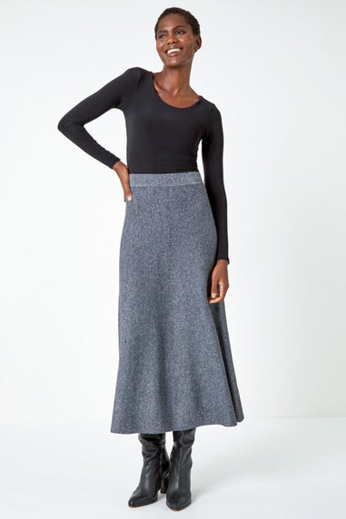 Roman Grey Plain Elastic Waist Knitted A Line Midi Skirt