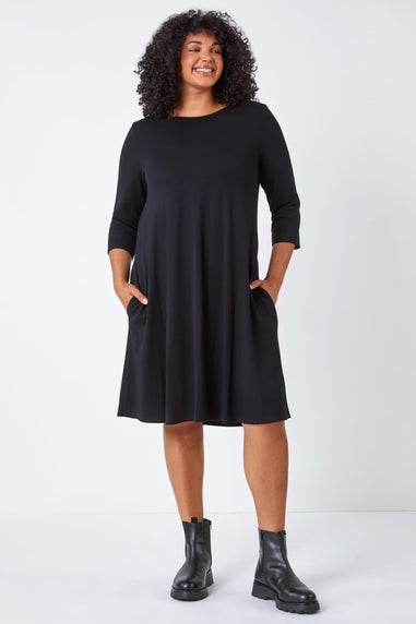 Roman Black Curve Pocket Detail Swing Stretch Dress