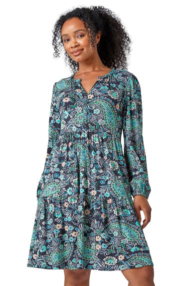 Roman Black Petite Paisley Tiered Stretch Dress