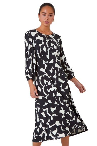 Roman Black Petite Geometric Print Midi Stretch Dress