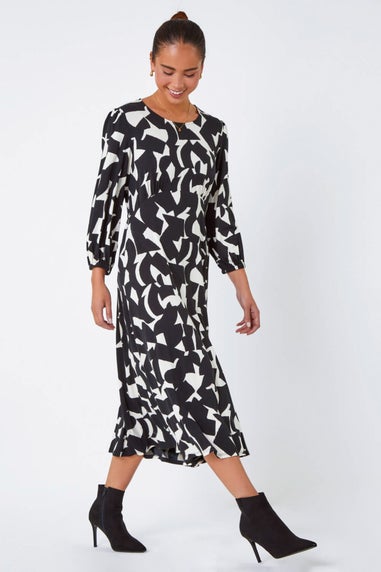 Roman Black Petite Geometric Print Midi Stretch Dress