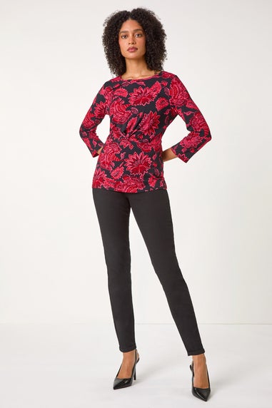 Roman Pink Floral Twist Detail Stretch Top