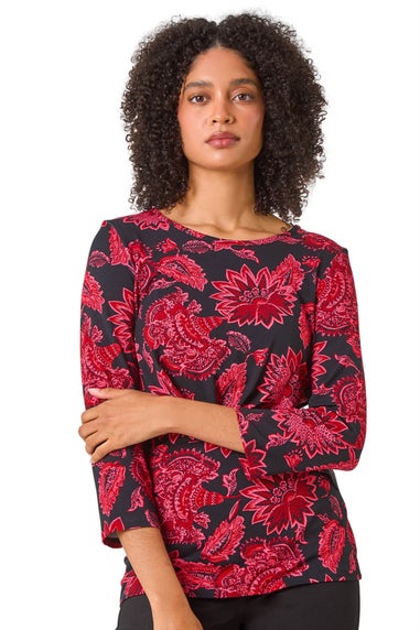 Roman Pink Floral Twist Detail Stretch Top