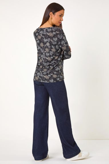 Roman Grey Floral Print Relaxed Stretch Top