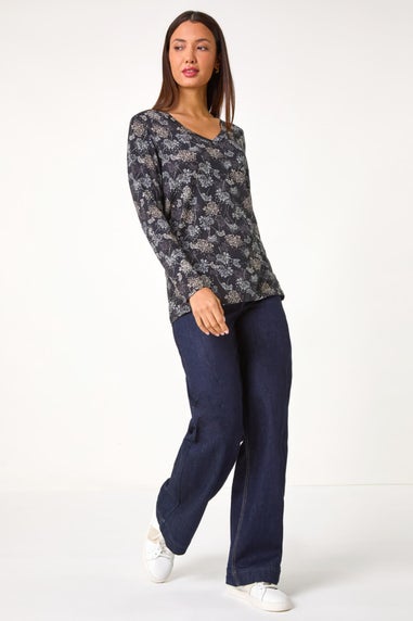 Roman Grey Floral Print Relaxed Stretch Top