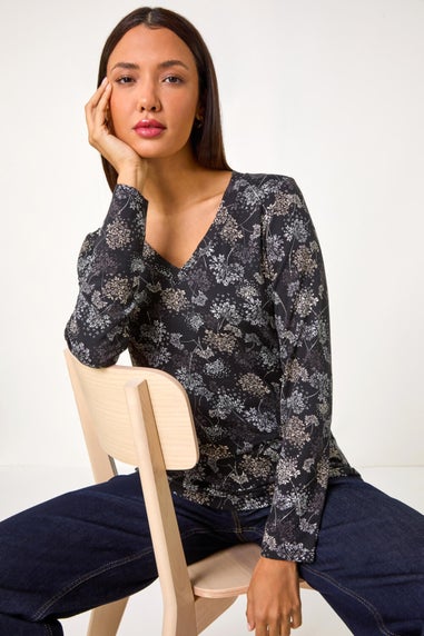 Roman Grey Floral Print Relaxed Stretch Top