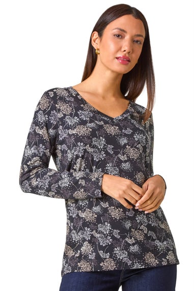 Roman Grey Floral Print Relaxed Stretch Top