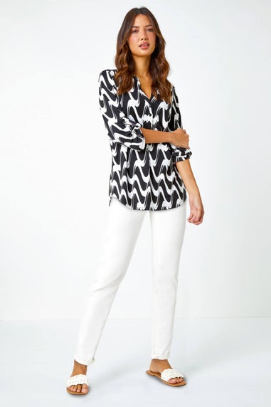 Roman Black Geometric Print Stretch Blouse