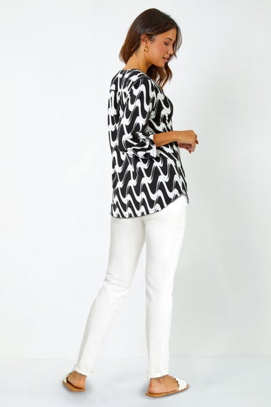 Roman Black Geometric Print Stretch Blouse