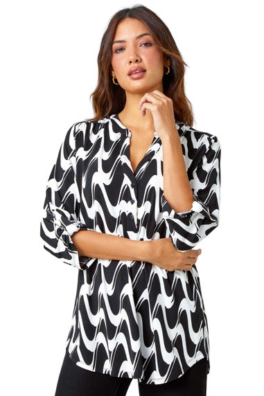 Roman Black Geometric Print Stretch Blouse