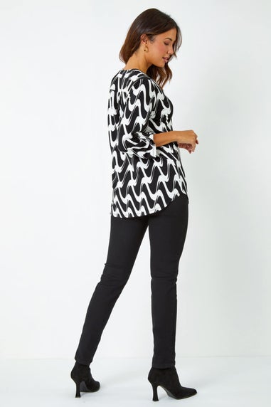 Roman Black Geometric Print Stretch Blouse