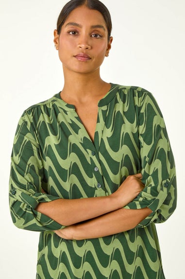 Roman Green Geometric Print Stretch Blouse