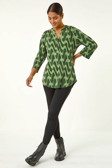 Roman Green Geometric Print Stretch Blouse