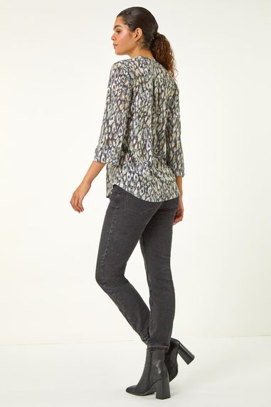 Roman Green Animal Print Stretch Burnout Top