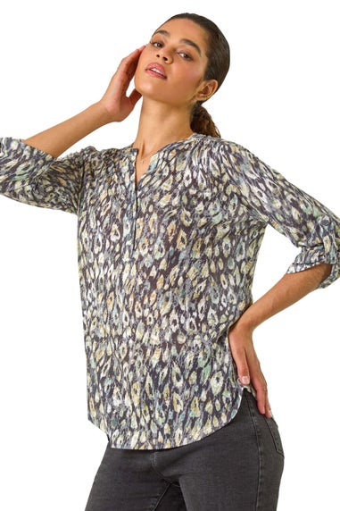 Roman Green Animal Print Stretch Burnout Top