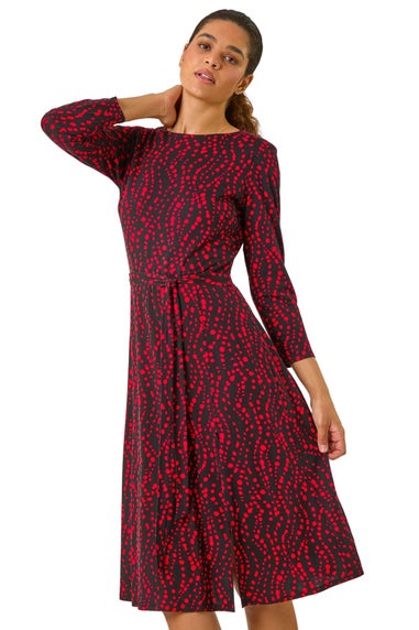 Roman Red Stretch Spot Detail Belted Dress