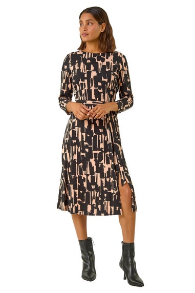 Roman Black Stretch Abstract Belted Dress