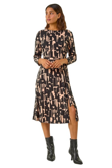 Roman Black Stretch Abstract Belted Dress