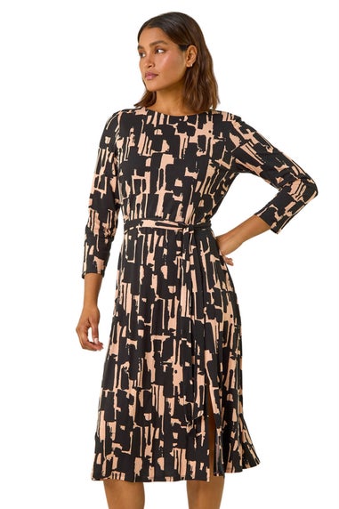 Roman Black Stretch Abstract Belted Dress