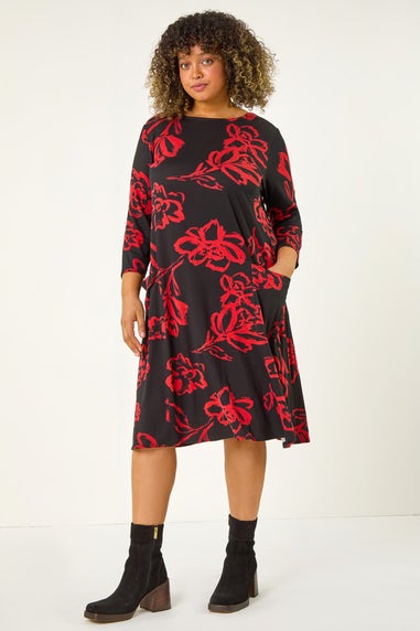 Roman Red Curve Floral Print Pocket Swing Dress