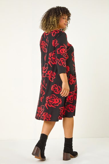 Roman Red Curve Floral Print Pocket Swing Dress