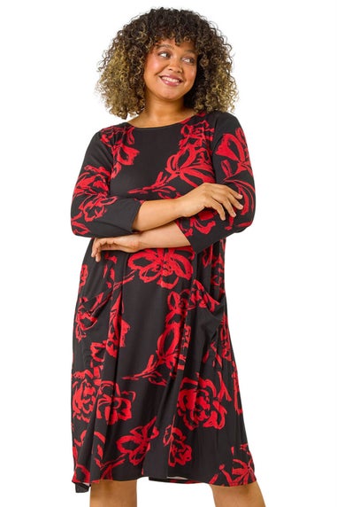 Roman Red Curve Floral Print Pocket Swing Dress