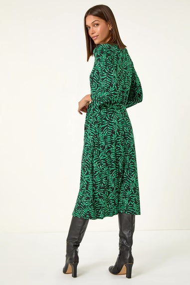 Roman Green Leaf Print Stretch Belted Dress