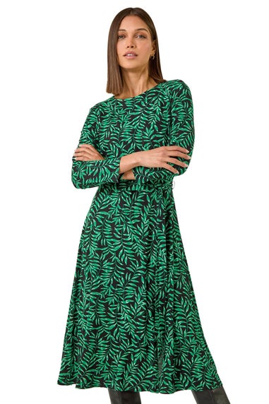 Roman Green Leaf Print Stretch Belted Dress