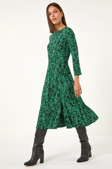 Roman Green Leaf Print Stretch Belted Dress